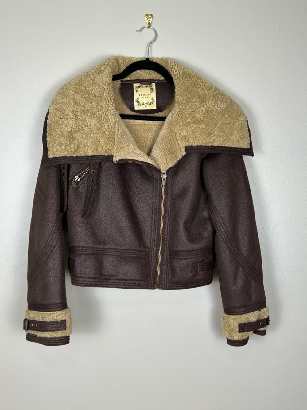 Beulah Brown Jacket with Cream Shearling Trim Size M